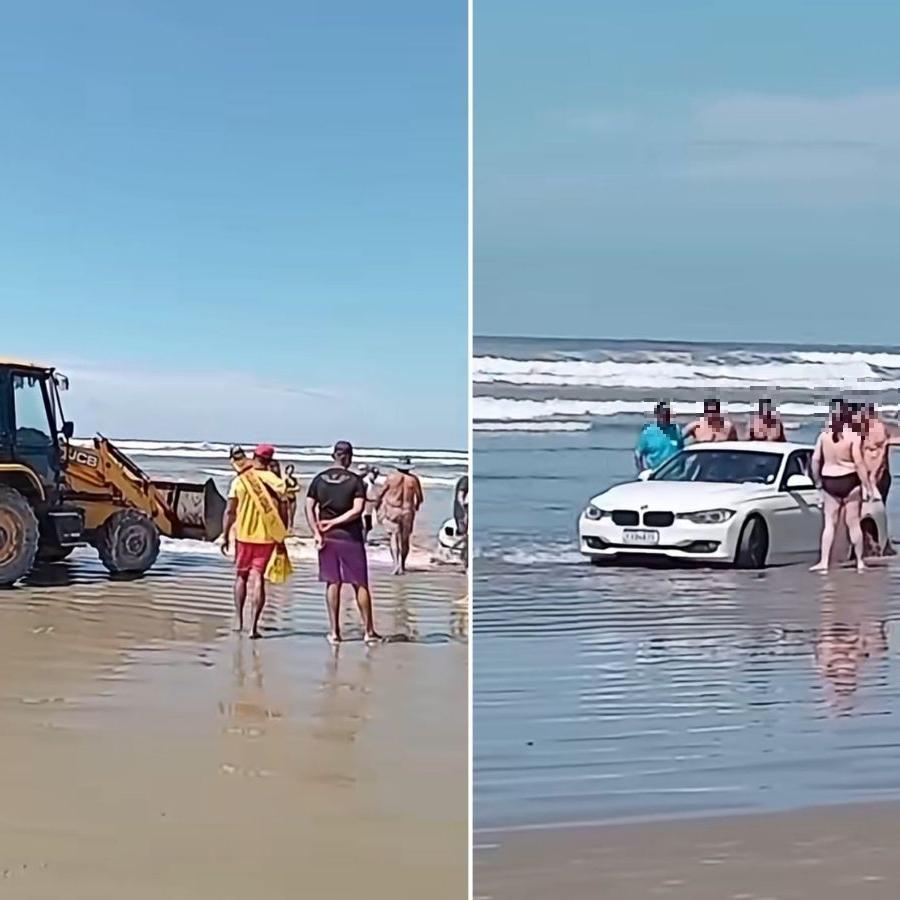 A BMW foi retirada da praia de Bertioga com ajuda de máquina de empresa terceirizada da Prefeitura