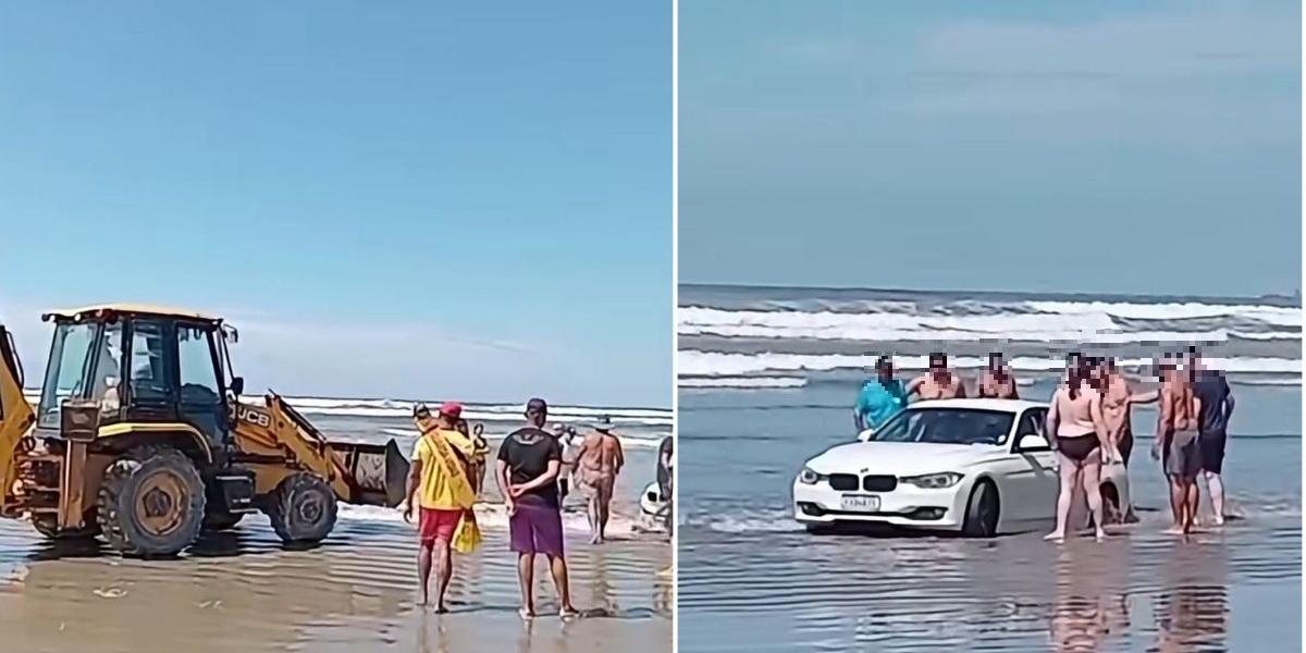 A BMW foi retirada da praia de Bertioga com ajuda de máquina de empresa terceirizada da Prefeitura