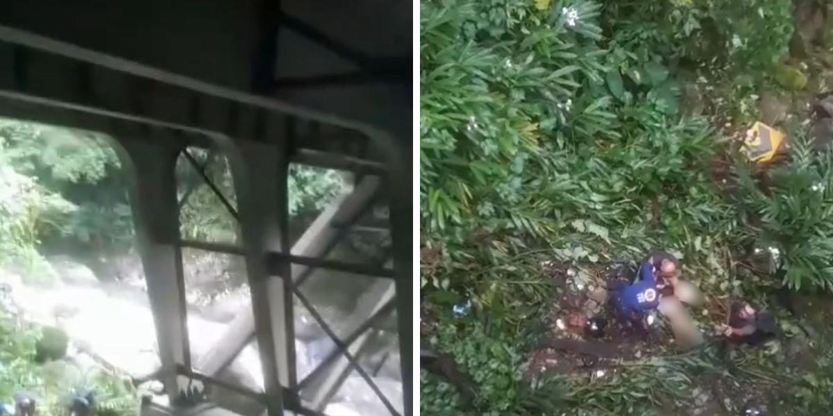 Homem e mulher caíram de uma ribanceira na Rodovia Mogi-Bertioga ao tentarem realizar uma curva