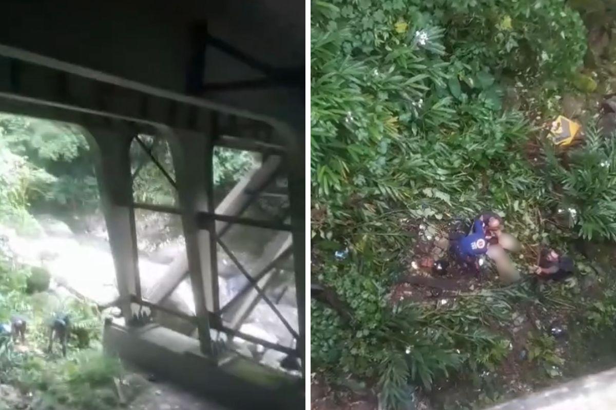 Homem e mulher caíram de uma ribanceira na Rodovia Mogi-Bertioga ao tentarem realizar uma curva