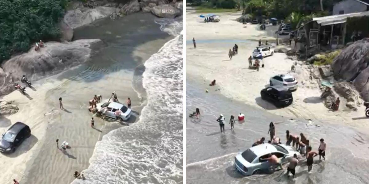 Carro do tipo sedã ficou atolado na praia do Perequê, em Guarujá