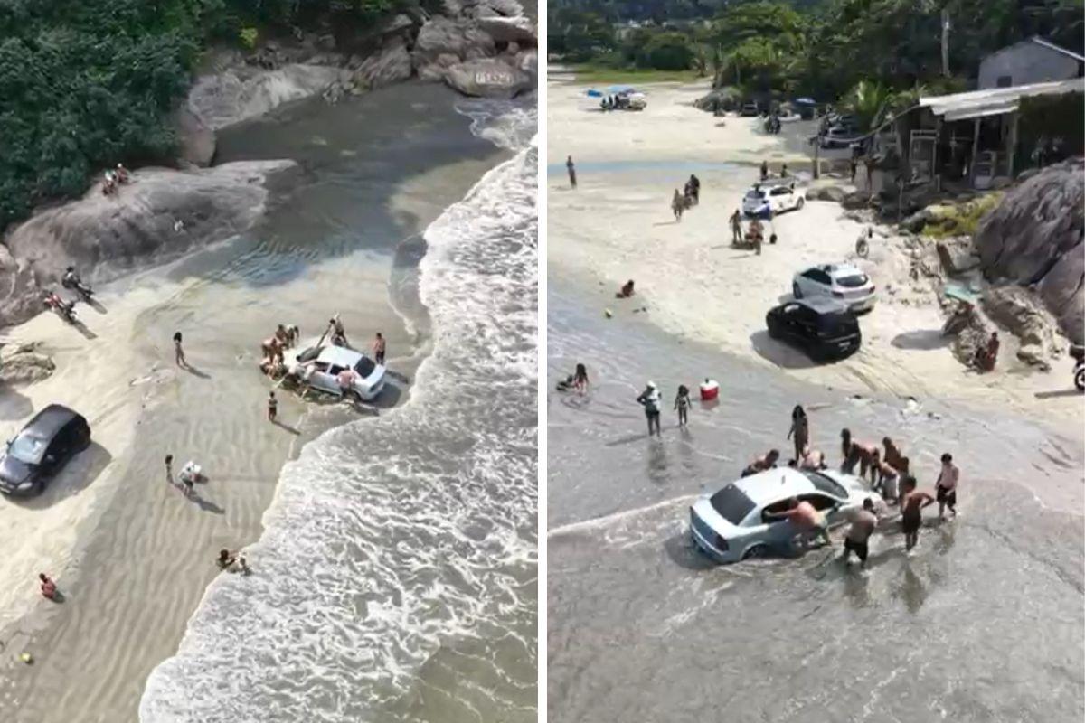 Carro do tipo sedã ficou atolado na praia do Perequê, em Guarujá