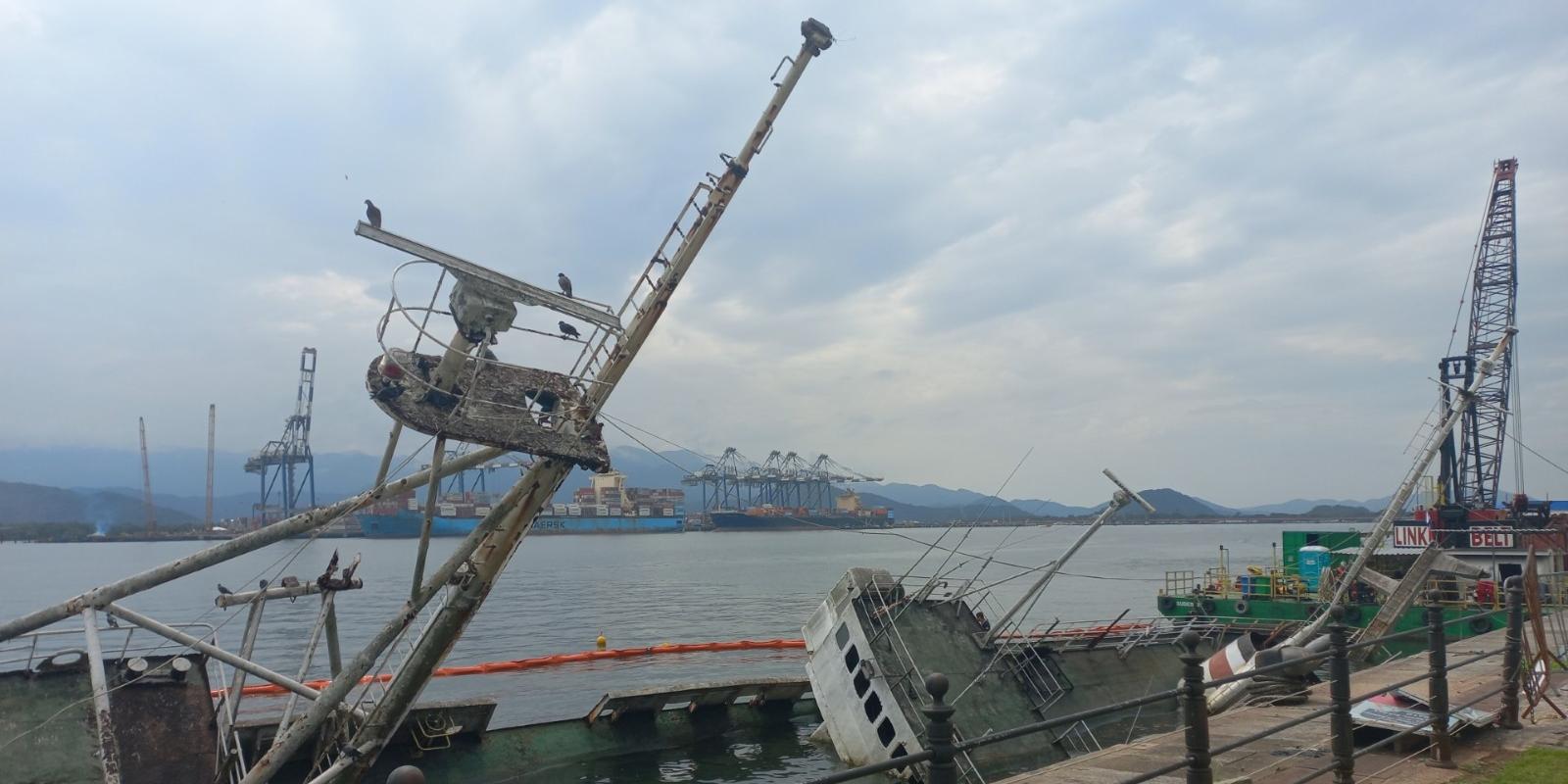 Navio Professor W. Besnard tombou no Parque Valongo, em Santos, no mês de março