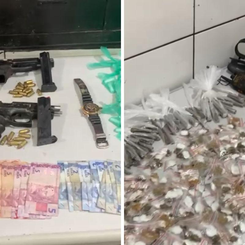 Duas pistolas, porções de drogas, dinheiro e outros ilícitos foram apreendidos durante a operação