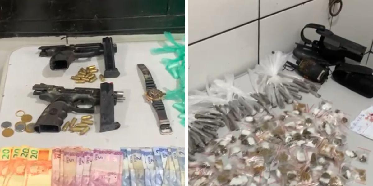 Duas pistolas, porções de drogas, dinheiro e outros ilícitos foram apreendidos durante a operação