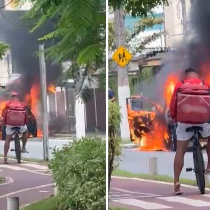 O carro pegou fogo na Avenida Marechal Mallet, em Praia Grande