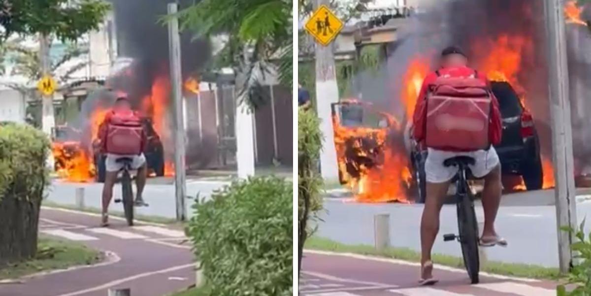 O carro pegou fogo na Avenida Marechal Mallet, em Praia Grande