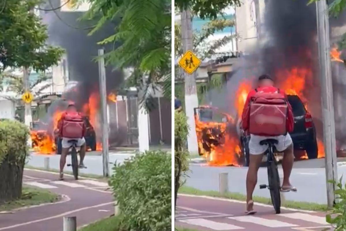 O carro pegou fogo na Avenida Marechal Mallet, em Praia Grande