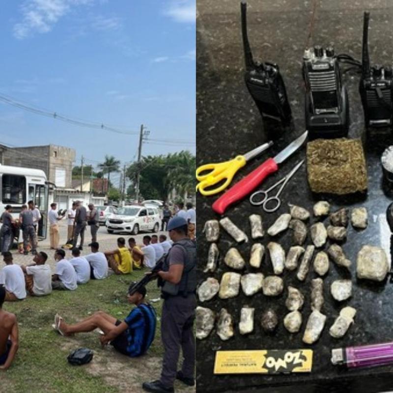 Abordagem ocorreu enquanto detentos realizavam serviço municipal; entorpecentes e rádios foram apreendidos