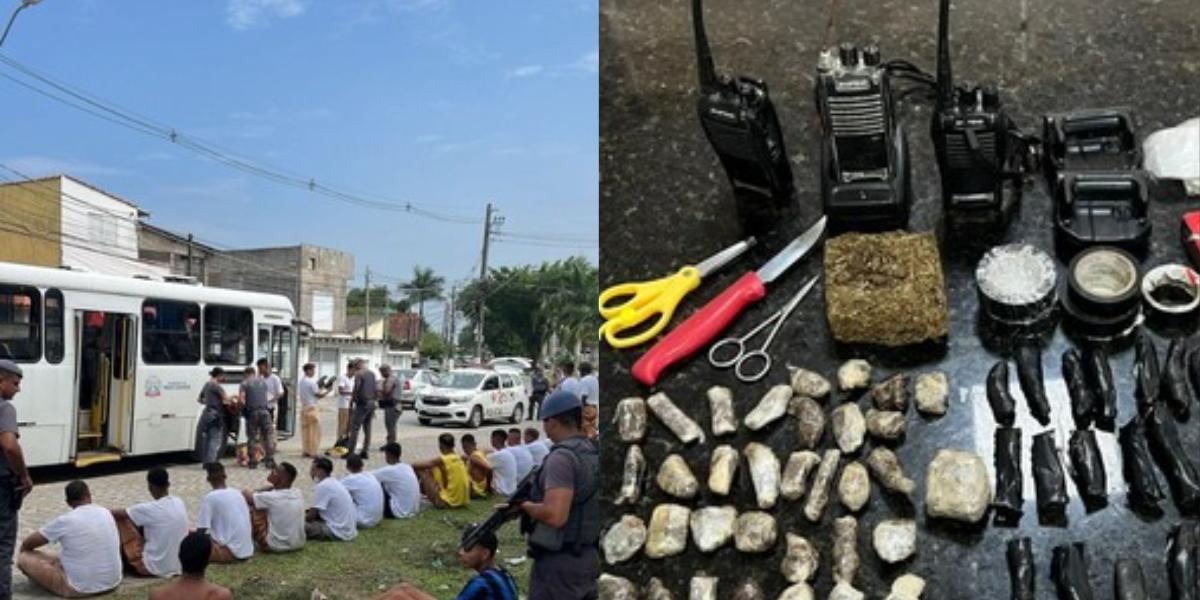 Abordagem ocorreu enquanto detentos realizavam serviço municipal; entorpecentes e rádios foram apreendidos