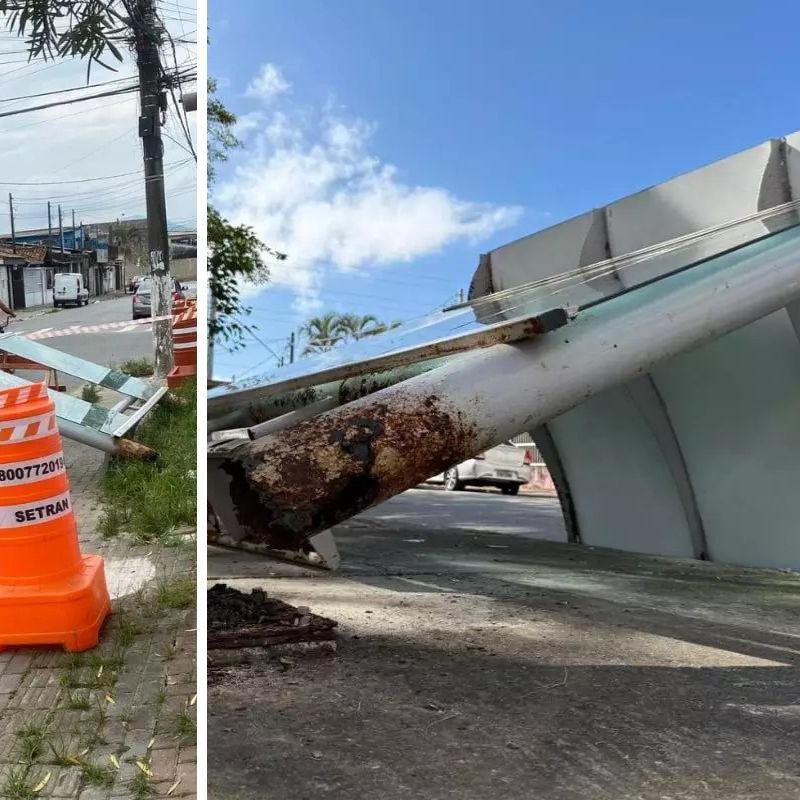 Em novembro último, uma menina de 7 anos foi atingida pela estrutura de um ponto de ônibus que caiu na Rua Safira, na Cidade da Criança (acima). Outro incidente ocorreu em 23 de março do ano passado, quando um ponto com base enferrujada a Rua Pedro Batista de Menezes, na Vila Sônia, tombou (ao lado)