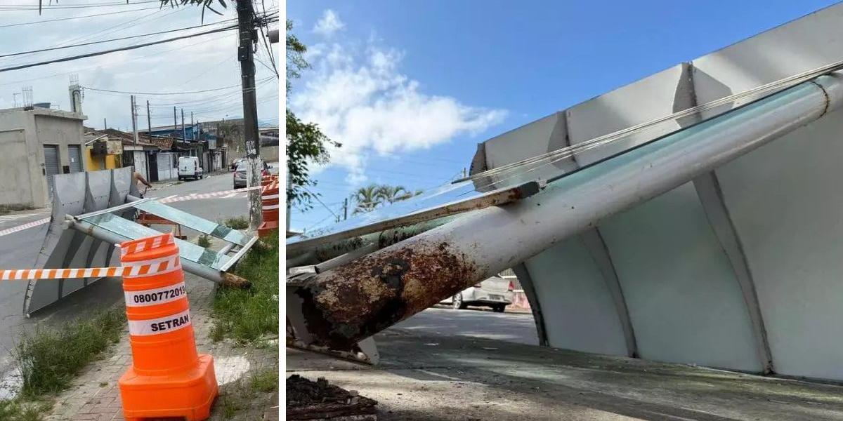 Em novembro último, uma menina de 7 anos foi atingida pela estrutura de um ponto de ônibus que caiu na Rua Safira, na Cidade da Criança (acima). Outro incidente ocorreu em 23 de março do ano passado, quando um ponto com base enferrujada a Rua Pedro Batista de Menezes, na Vila Sônia, tombou (ao lado)