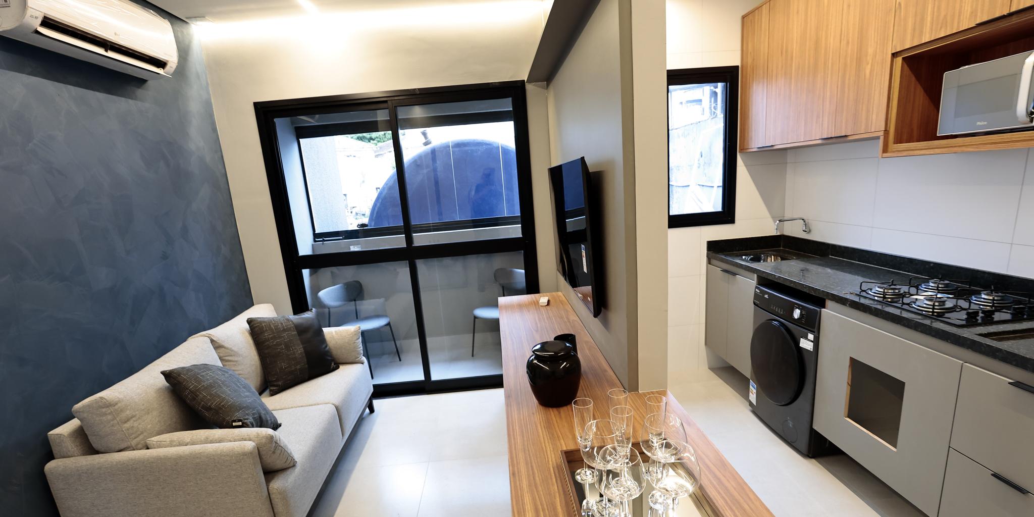 Sala e cozinha integrados: imóveis de baixa metragem acompanham mudanças na sociedade e atendem maior número de solteiros, casais sem filhos, famílias cada vez menores e locações para poucos dias