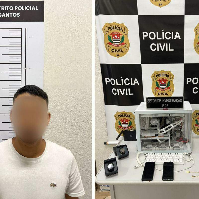 Homem de 29 anos foi localizado dentro de imóvel usado para aplicação de golpes. Um computador (CPU) e dois aparelhos celulares foram apreendidos. Três relógios de marcas diversas, duas correntes douradas e duas alianças encontrados no local foram entregues à companheira do investigado na condição de fiel depositária