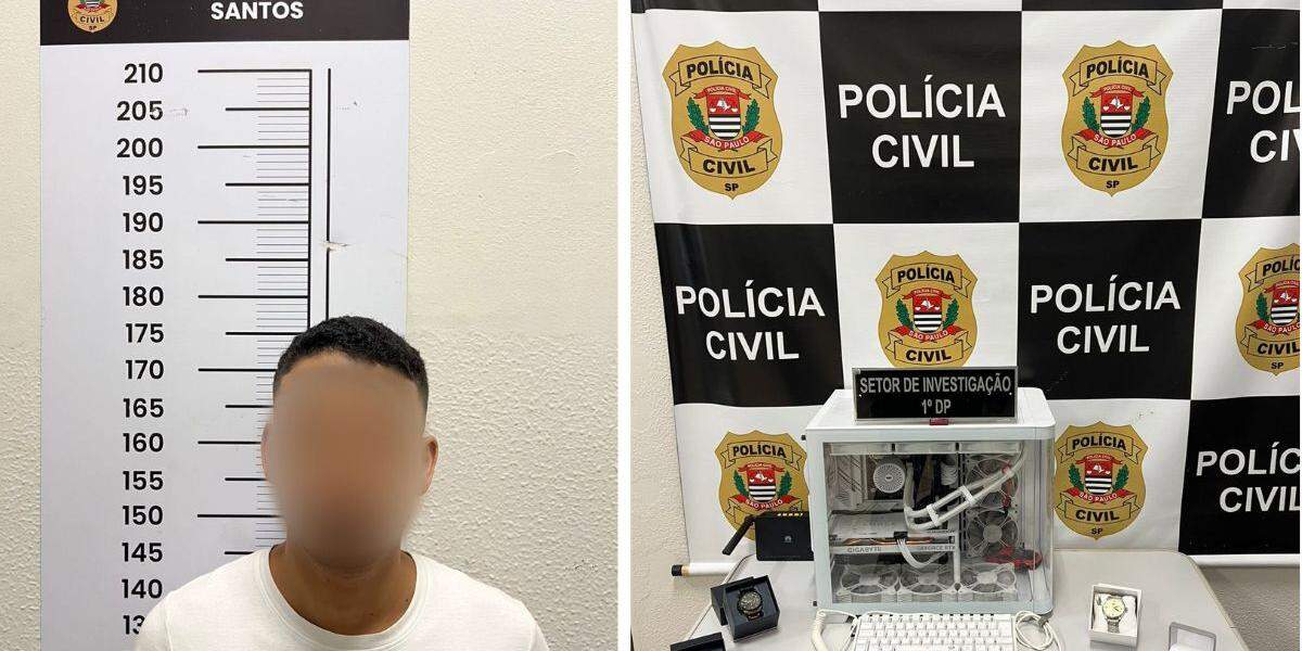 Homem de 29 anos foi localizado dentro de imóvel usado para aplicação de golpes. Um computador (CPU) e dois aparelhos celulares foram apreendidos. Três relógios de marcas diversas, duas correntes douradas e duas alianças encontrados no local foram entregues à companheira do investigado na condição de fiel depositária