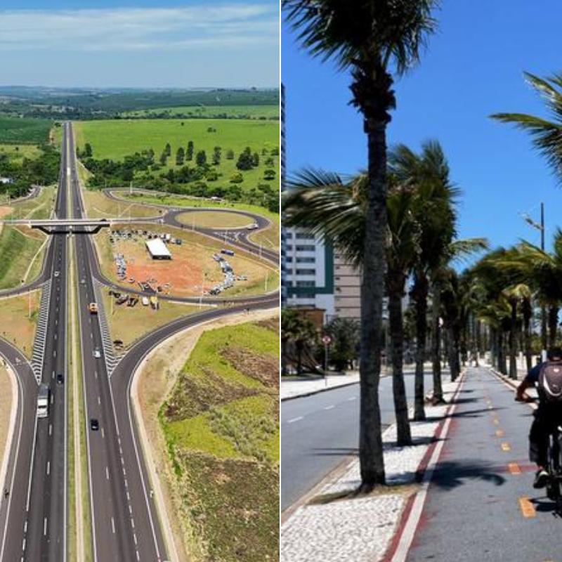 Trajeto da nova ciclovia passa pela Rodovia Prefeito Aziz Lian (esq.) e vai ter extensão maior que o percurso de Praia Grande (dir.)