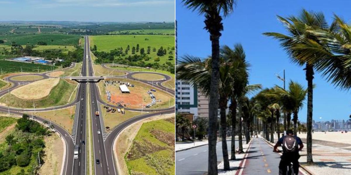 Trajeto da nova ciclovia passa pela Rodovia Prefeito Aziz Lian (esq.) e vai ter extensão maior que o percurso de Praia Grande (dir.)