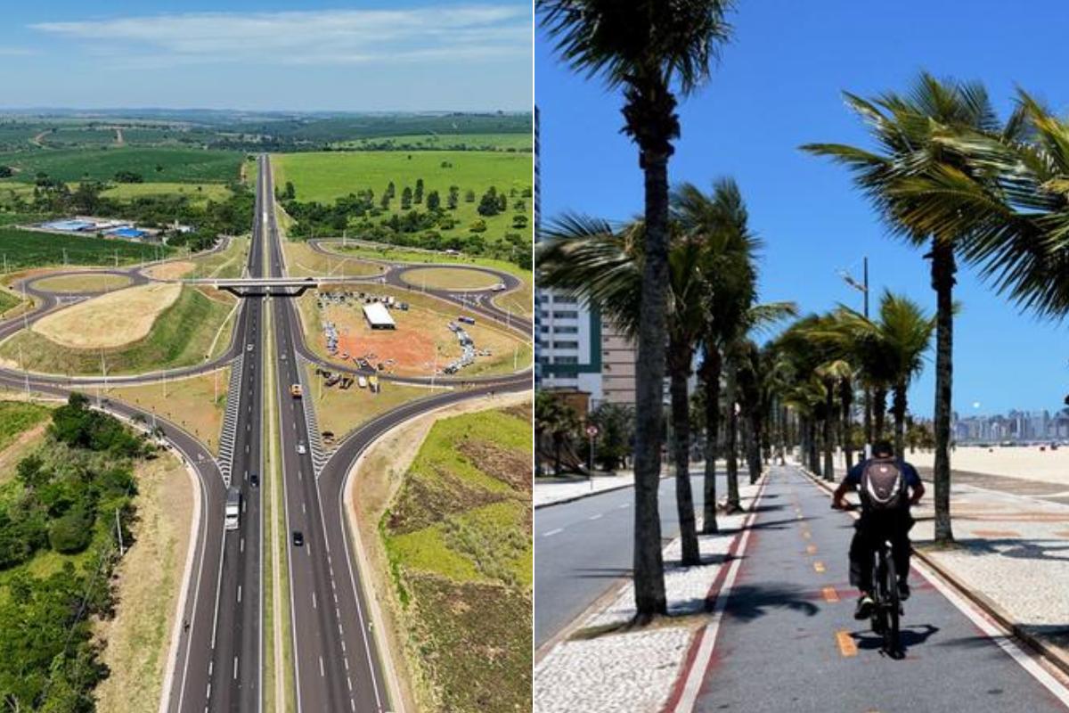 Trajeto da nova ciclovia passa pela Rodovia Prefeito Aziz Lian (esq.) e vai ter extensão maior que o percurso de Praia Grande (dir.)