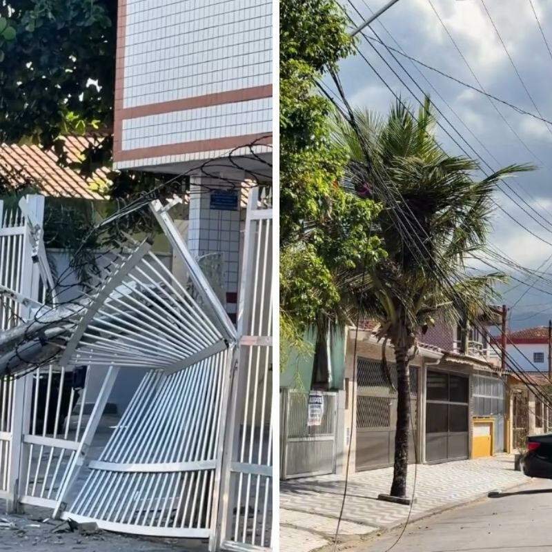 Poste ficou pendurado pelo portão e os fios caídos pela via