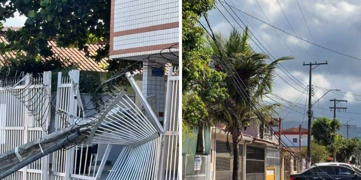 Poste ficou pendurado pelo portão e os fios caídos pela via
