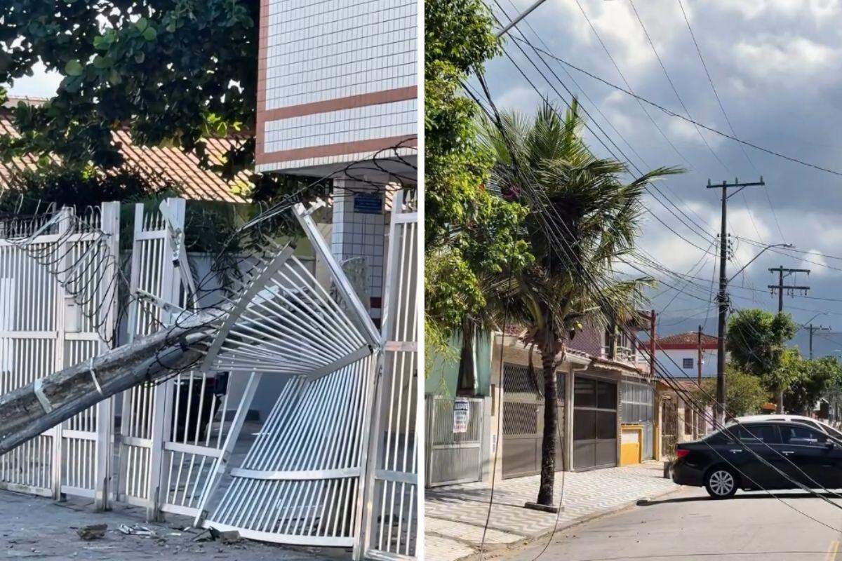 Poste ficou pendurado pelo portão e os fios caídos pela via