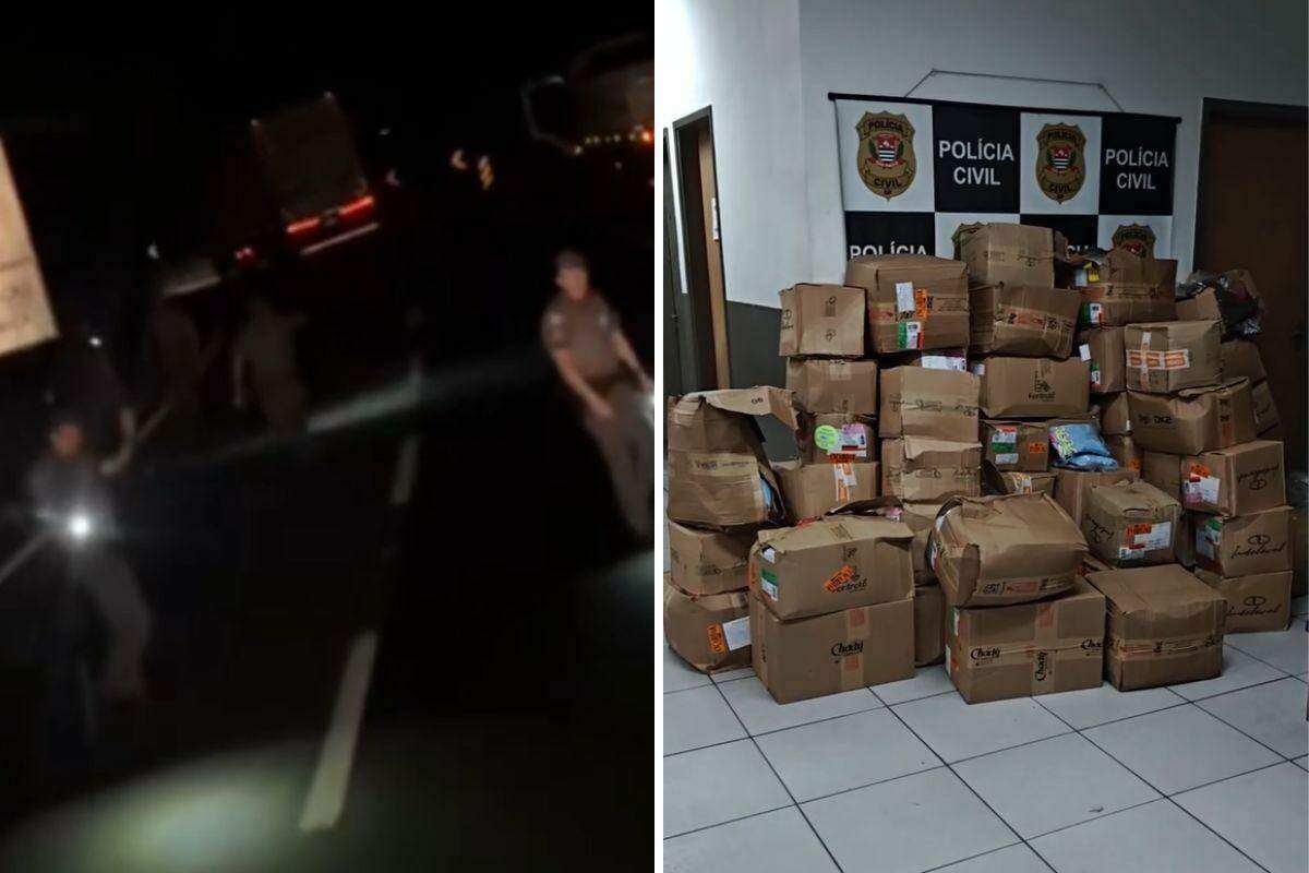 Segundo a PM, carga foi abandonada pelos criminosos no acostamento da pista; os criminosos conseguiram fugir