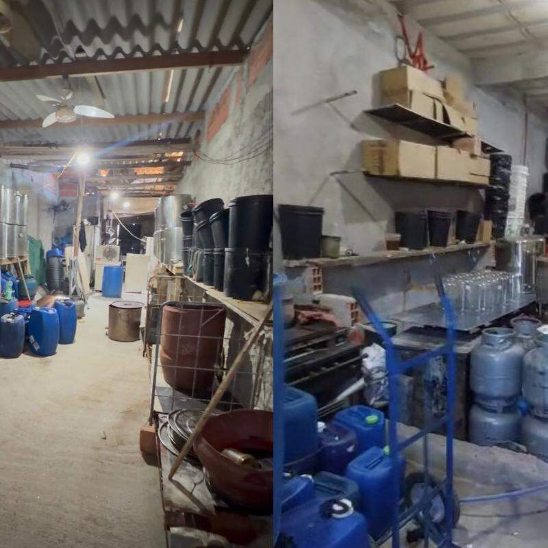 No imóvel, foram encontrados tonéis, panelas e tampas metálicas