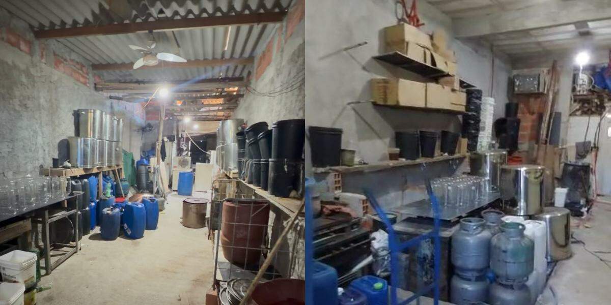 No imóvel, foram encontrados tonéis, panelas e tampas metálicas