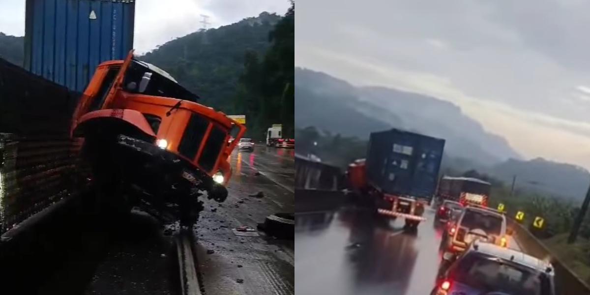 Carreta se chocou contra uma mureta na Cônego Domênico Rangoni na manhã deste sábado (18)
