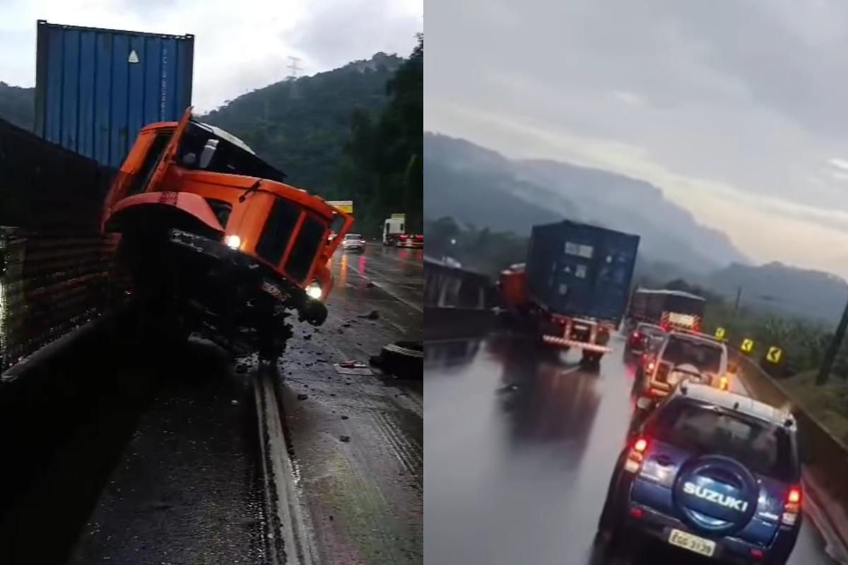 Carreta se chocou contra uma mureta na Cônego Domênico Rangoni na manhã deste sábado (18)
