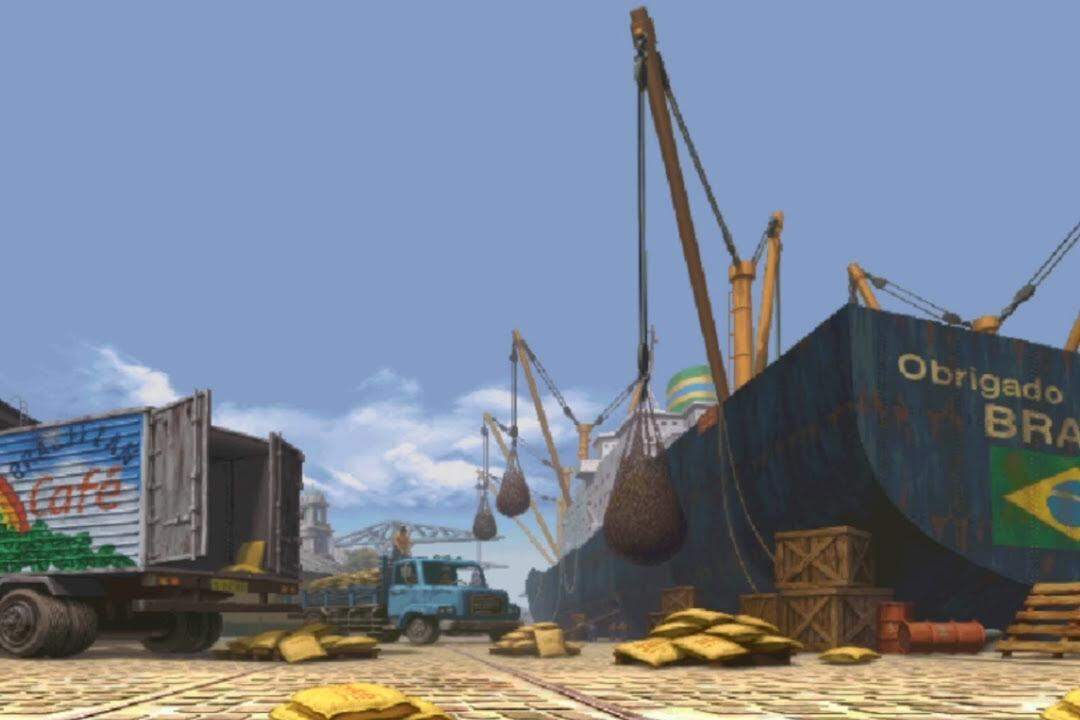 O cenário de Street Fighter III: 3rd Strike inspirado no Porto de Santos tem elementos, inclusive, do comércio de café