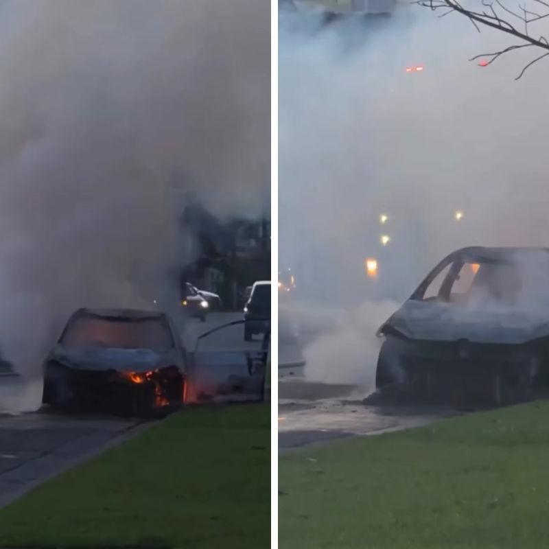 Carro foi destruído pelo fogo em rua do Bairro Vila Mirim, em Praia Grande
