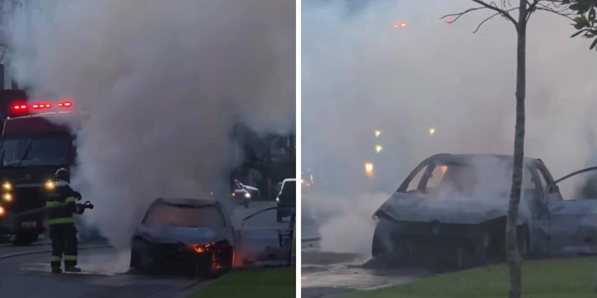 Carro foi destruído pelo fogo em rua do Bairro Vila Mirim, em Praia Grande