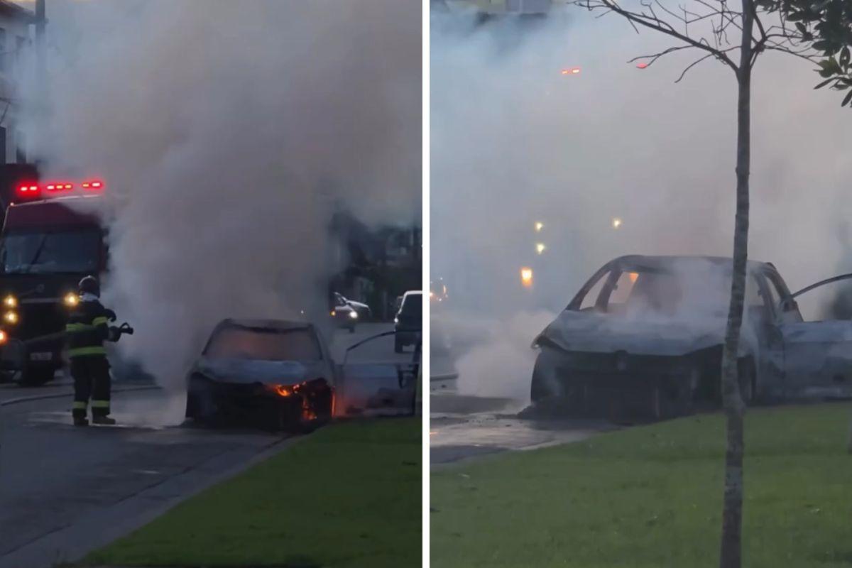 Carro foi destruído pelo fogo em rua do Bairro Vila Mirim, em Praia Grande