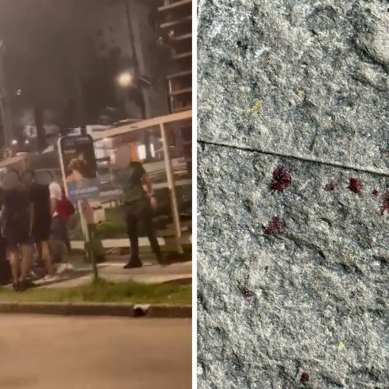 Jovem foi espancado na esquina da Avenida Ana Costa e a Rua Azevedo Sodré. Manchas de sangue ficaram espalhadas pelo chão na entrada do local da festa