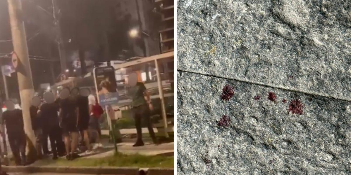 Jovem foi espancado na esquina da Avenida Ana Costa e a Rua Azevedo Sodré. Manchas de sangue ficaram espalhadas pelo chão na entrada do local da festa