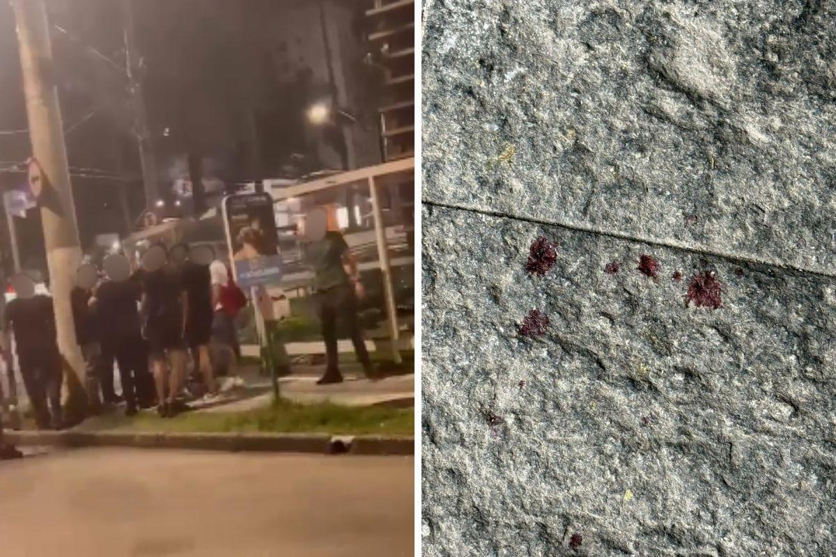 Jovem foi espancado na esquina da Avenida Ana Costa e a Rua Azevedo Sodré. Manchas de sangue ficaram espalhadas pelo chão na entrada do local da festa