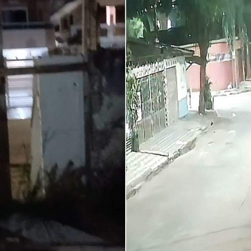 À esquerda, imagem do imóvel abandonado. À direita, ao fundo, local onde ocorreu os tiros que atingiram as vítimas   (Reprodução vídeo/Arquivo pessoal)