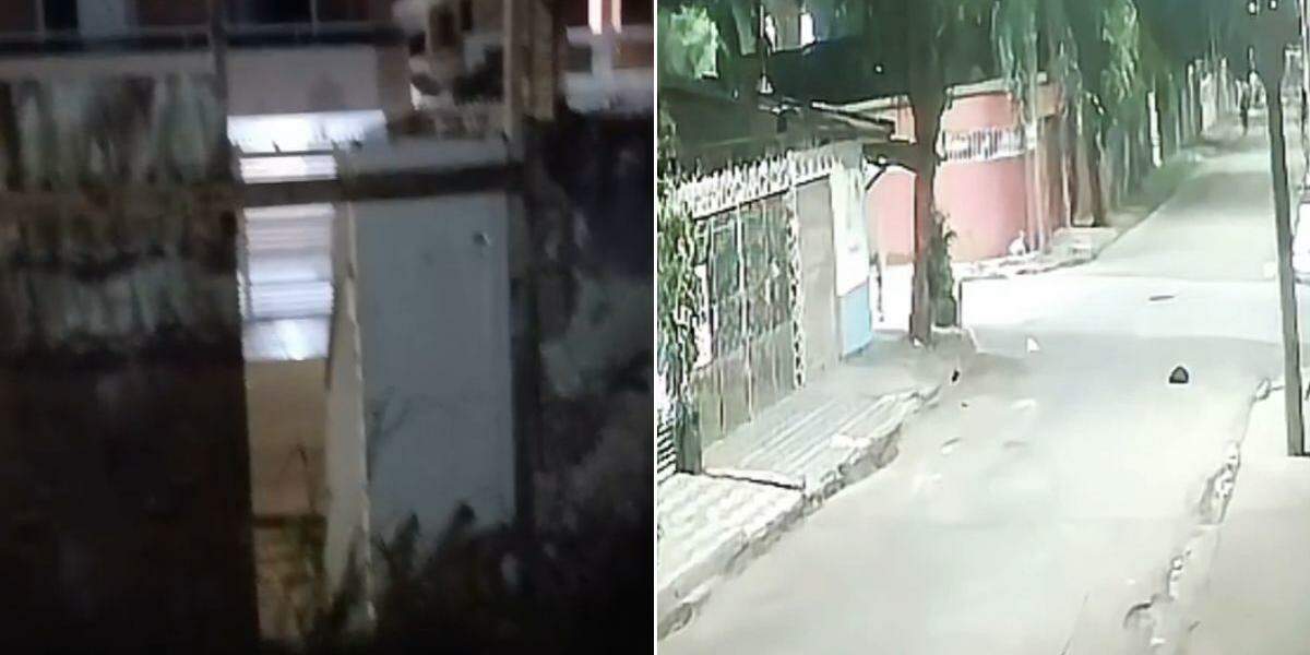 À esquerda, imagem do imóvel abandonado. À direita, ao fundo, local onde ocorreu os tiros que atingiram as vítimas   (Reprodução vídeo/Arquivo pessoal)