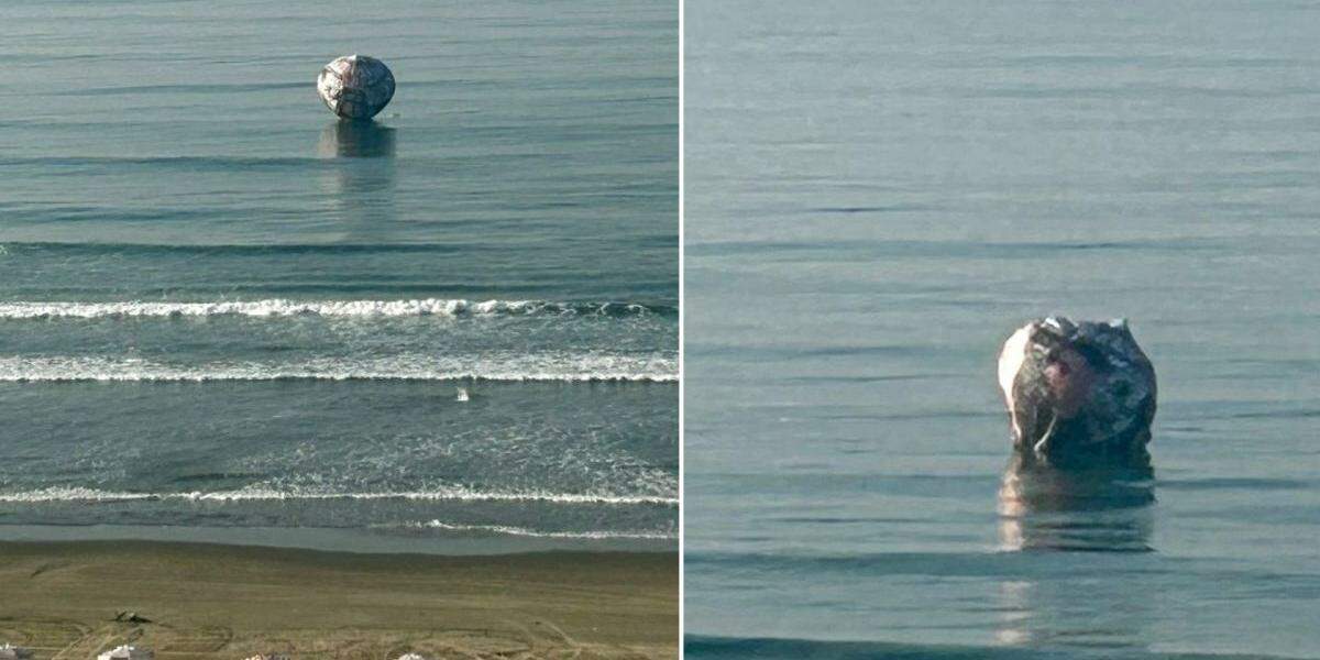 O balão caiu na praia do bairro Aviação, em Praia Grande