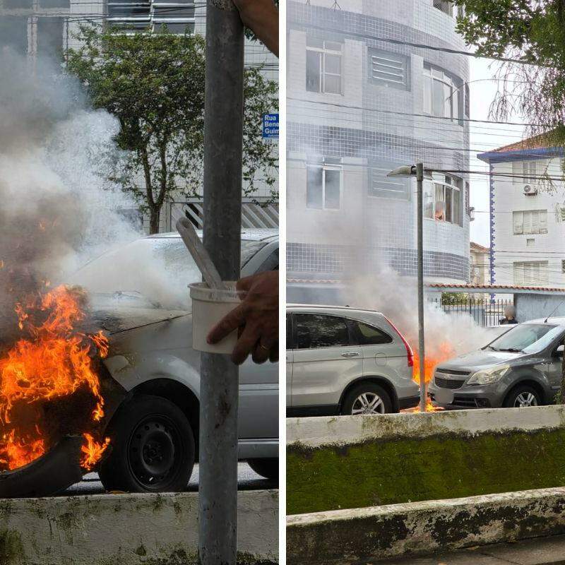 Fogo atingiu o capô do carro e mobilizou equipe dos bombeiros