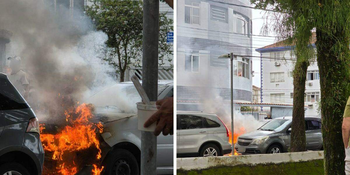 Fogo atingiu o capô do carro e mobilizou equipe dos bombeiros