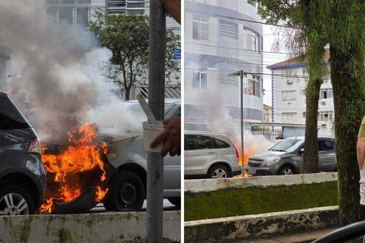 Fogo atingiu o capô do carro e mobilizou equipe dos bombeiros