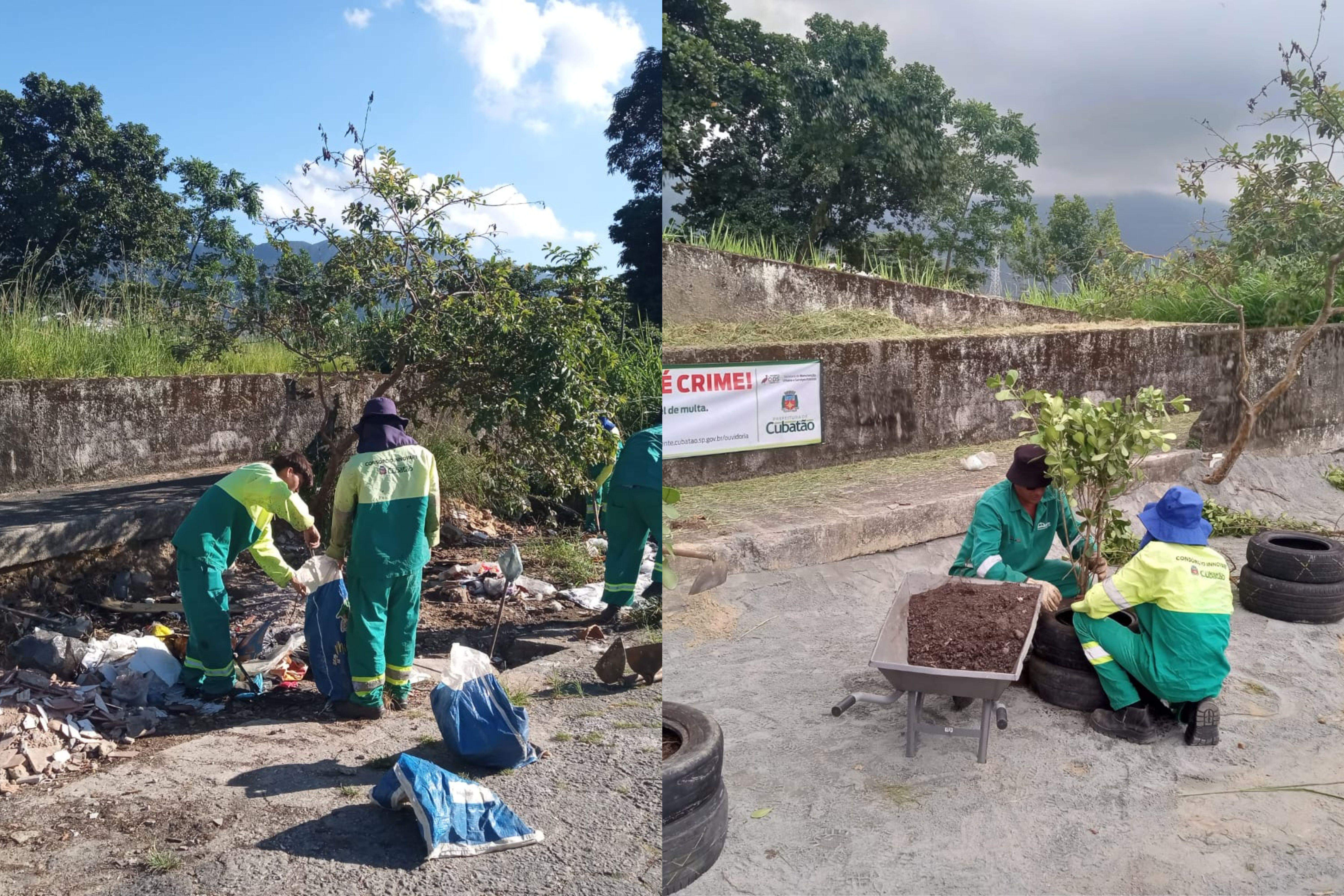 Agentes da Secretaria de Manutenção Urbana e Serviços Públicos limpam terrenos com resíduos e sinalizam esses lugares com faixas e plantas, para conscientização