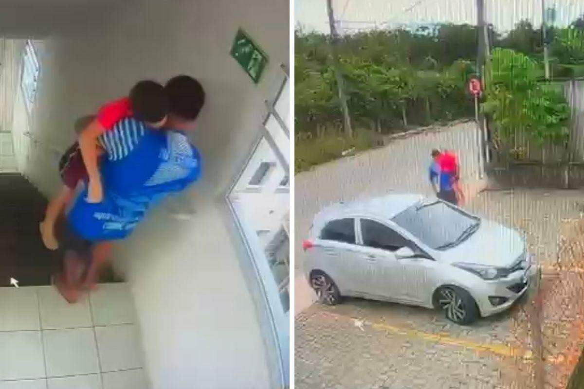 Imagens de câmeras de monitoramento mostram Luan levando o enteado, que não esboça reação, até o carro e indo embora do local