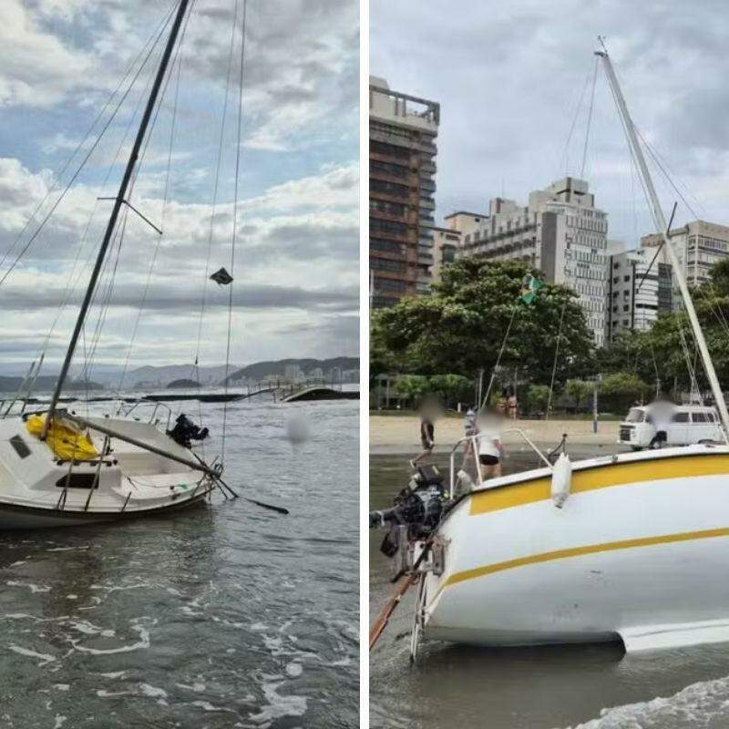 Embarcação adernou e ficou presa na faixa de areia; ocupantes foram resgatados em segurança pelo GBMar