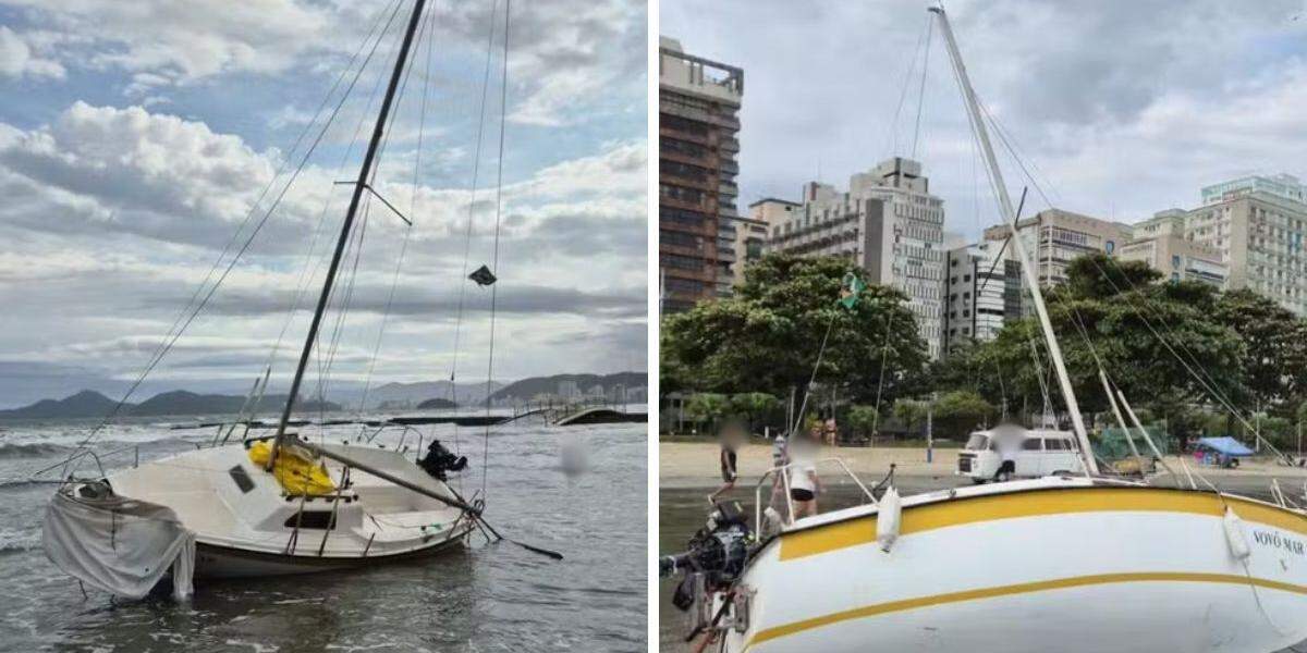 Embarcação adernou e ficou presa na faixa de areia; ocupantes foram resgatados em segurança pelo GBMar