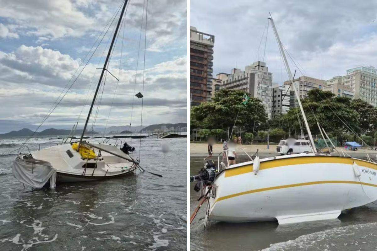 Embarcação adernou e ficou presa na faixa de areia; ocupantes foram resgatados em segurança pelo GBMar