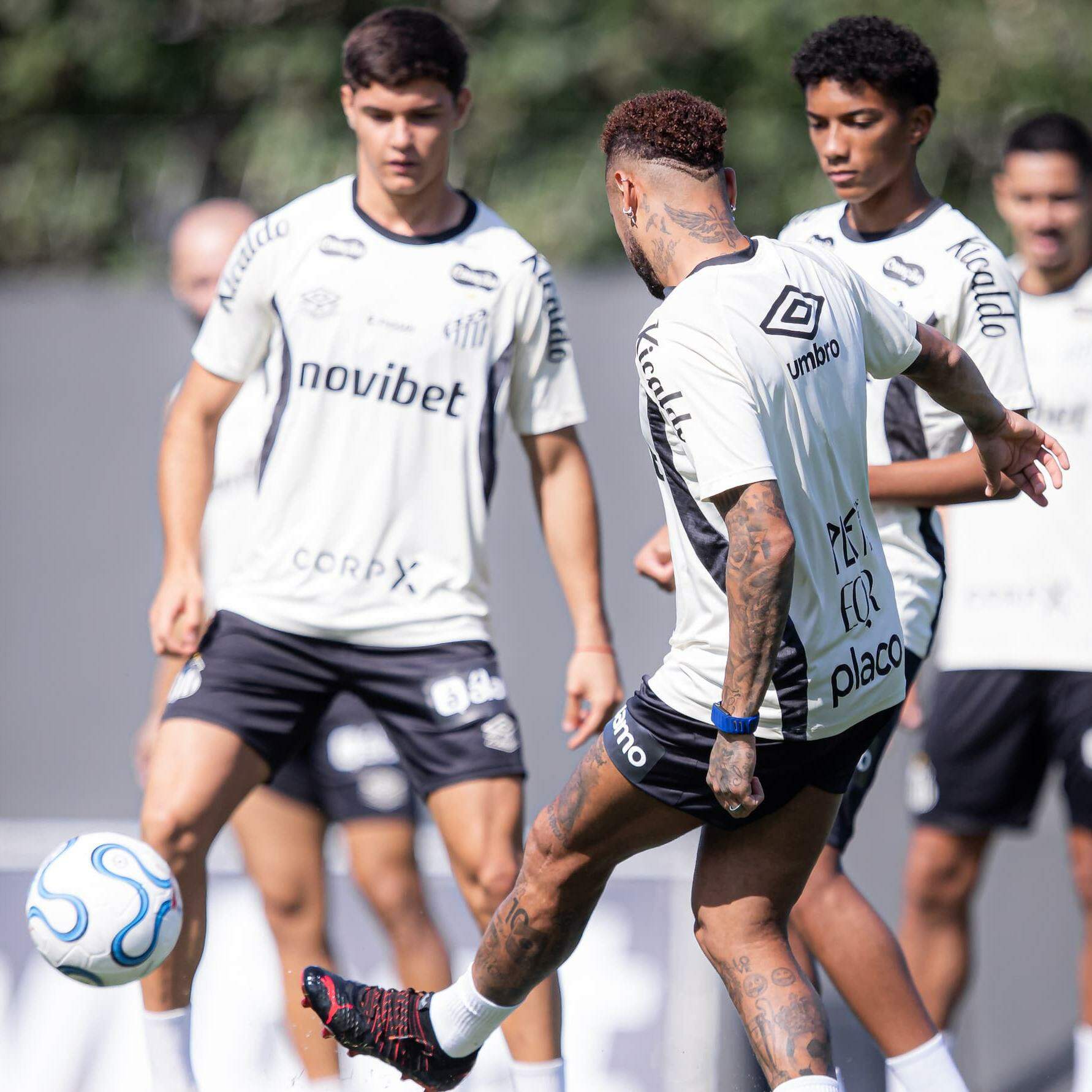 Neymar (de costas) e Robinho Jr. (à direita) participaram do treino desta segunda, no CT Rei Pelé