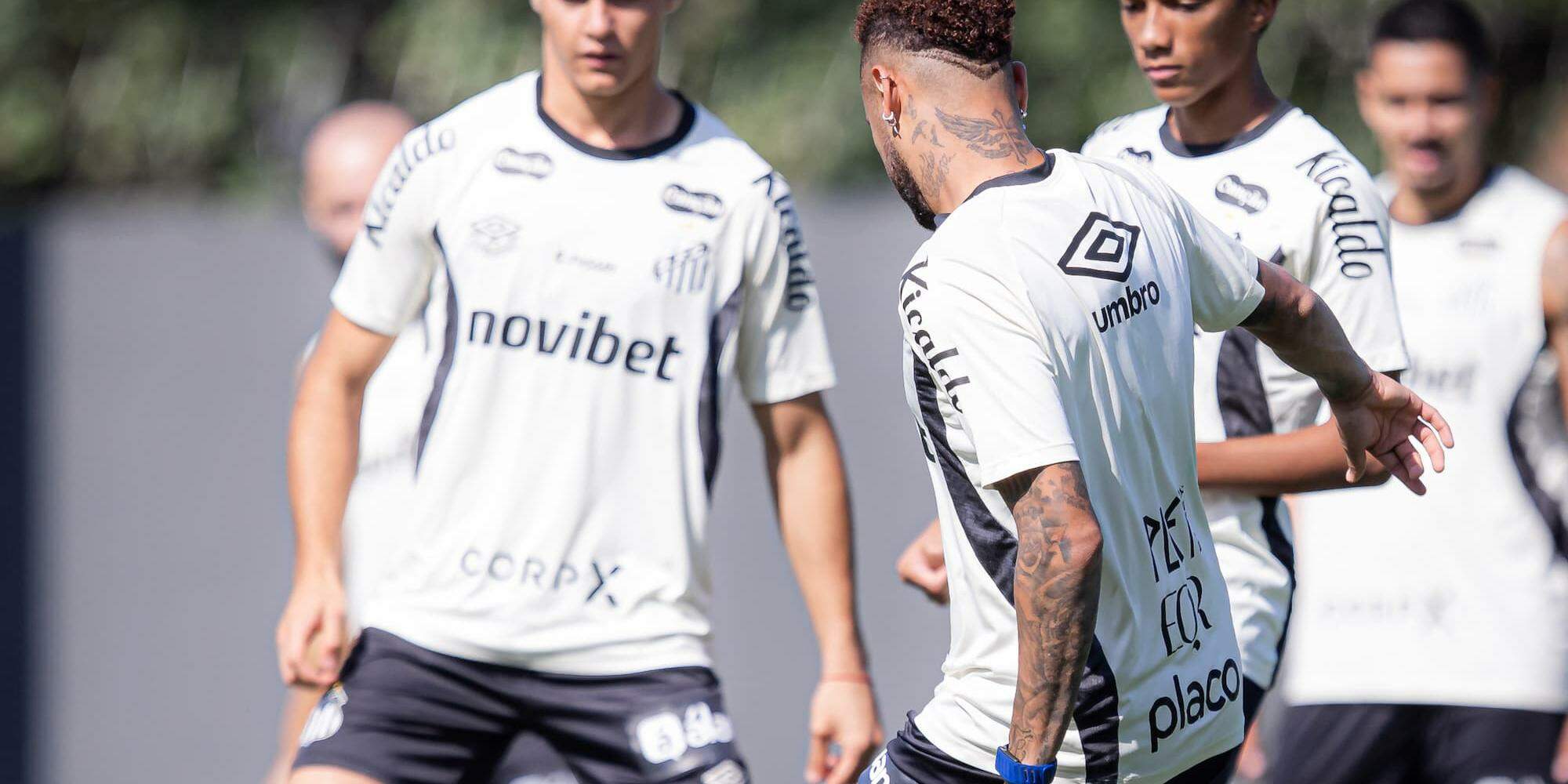 Neymar (de costas) e Robinho Jr. (à direita) participaram do treino desta segunda, no CT Rei Pelé